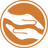 Rundes, oranges Icon mit zwei Händen