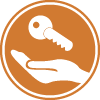Rundes, oranges Icon mit Hand und Schlüssel