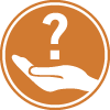 Rundes, oranges Icon mit Hand und Fragezeichen